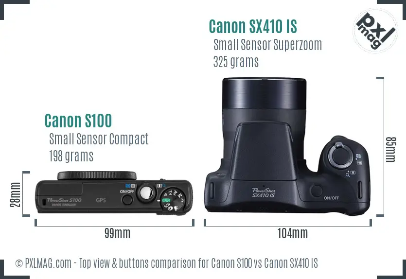 Canon S100 vs Canon SX410 IS top view buttons comparison