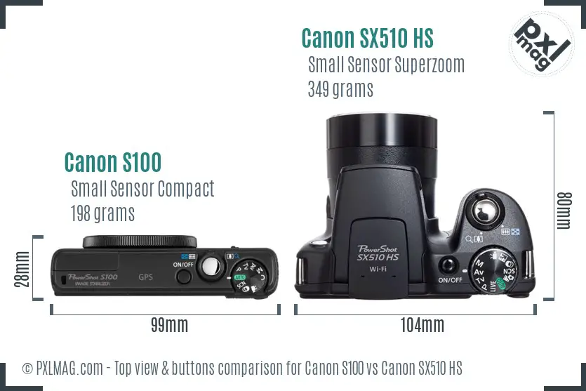 Canon S100 vs Canon SX510 HS top view buttons comparison