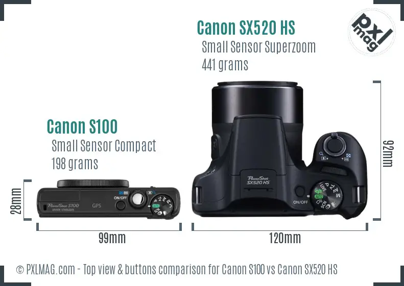 Canon S100 vs Canon SX520 HS top view buttons comparison