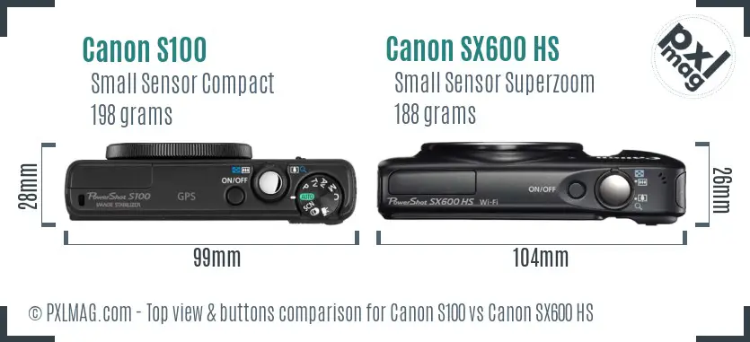 Canon S100 vs Canon SX600 HS top view buttons comparison