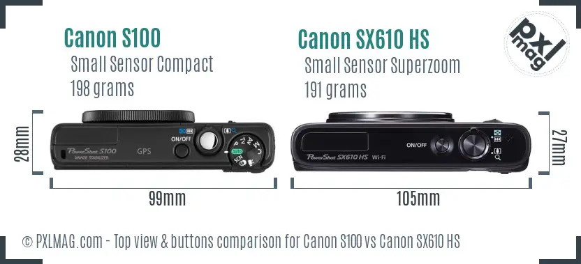Canon S100 vs Canon SX610 HS top view buttons comparison Canon S100 vs Canon SX610 HS top view buttons comparison