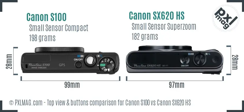 Canon S100 vs Canon SX620 HS top view buttons comparison Canon S100 vs Canon SX620 HS top view buttons comparison