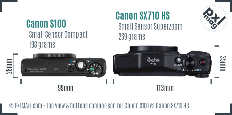 Canon S100 vs Canon SX710 HS top view buttons comparison