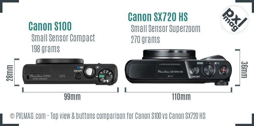 Canon S100 vs Canon SX720 HS top view buttons comparison