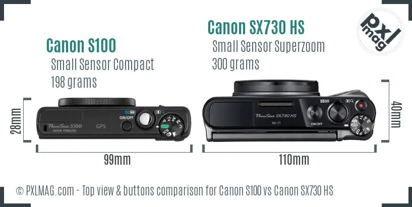 Canon S100 vs Canon SX730 HS top view buttons comparison