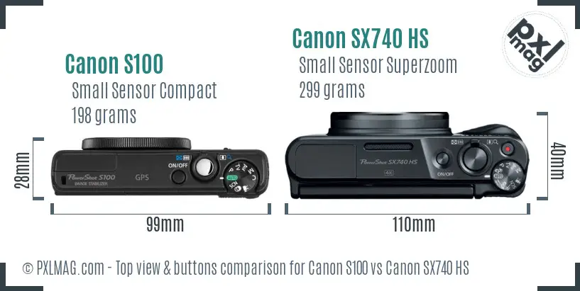 Canon S100 vs Canon SX740 HS top view buttons comparison