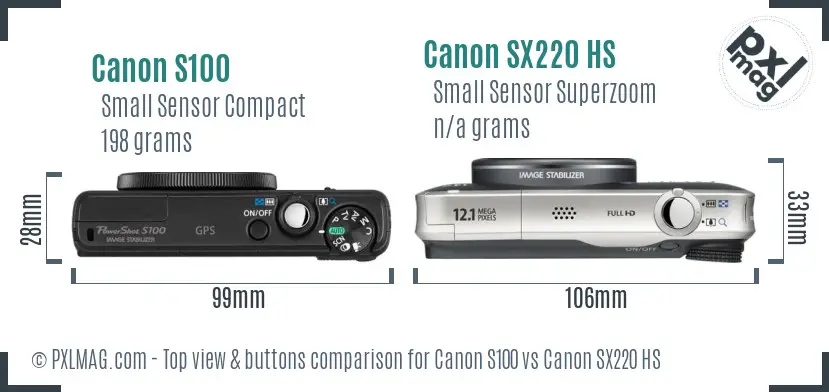 Canon S100 vs Canon SX220 HS top view buttons comparison