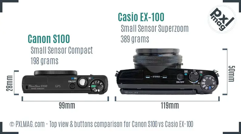 Canon S100 vs Casio EX-100 top view buttons comparison