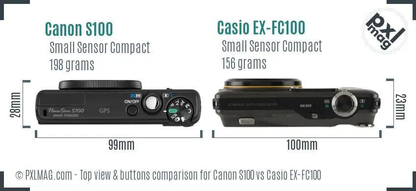 Canon S100 vs Casio EX-FC100 top view buttons comparison
