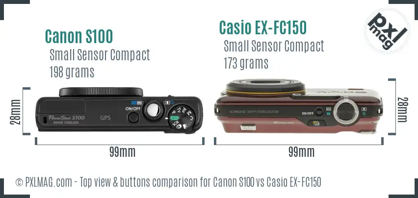 Canon S100 vs Casio EX-FC150 top view buttons comparison