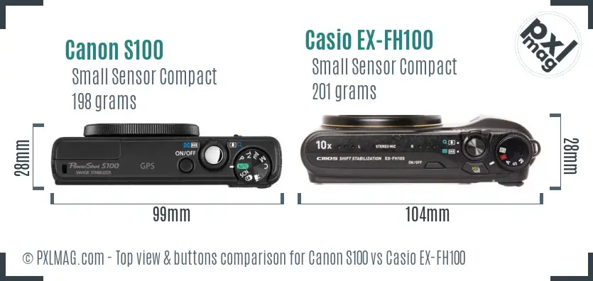 Canon S100 vs Casio EX-FH100 top view buttons comparison