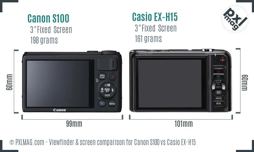 Canon S100 vs Casio EX-H15 Screen and Viewfinder comparison