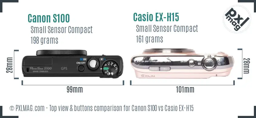 Canon S100 vs Casio EX-H15 top view buttons comparison