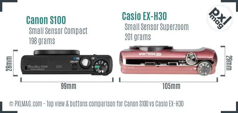 Canon S100 vs Casio EX-H30 top view buttons comparison Canon S100 vs Casio EX-H30 top view buttons comparison