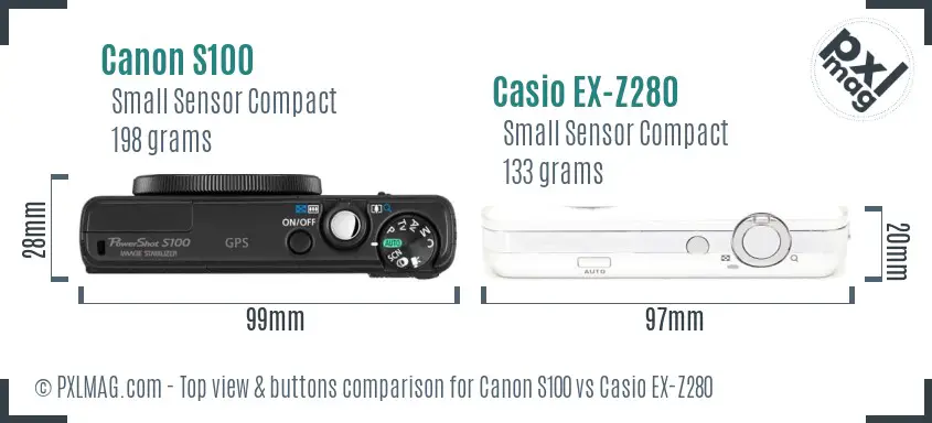 Canon S100 vs Casio EX-Z280 top view buttons comparison