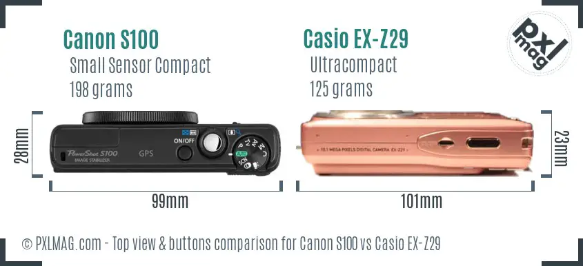 Canon S100 vs Casio EX-Z29 top view buttons comparison Canon S100 vs Casio EX-Z29 top view buttons comparison