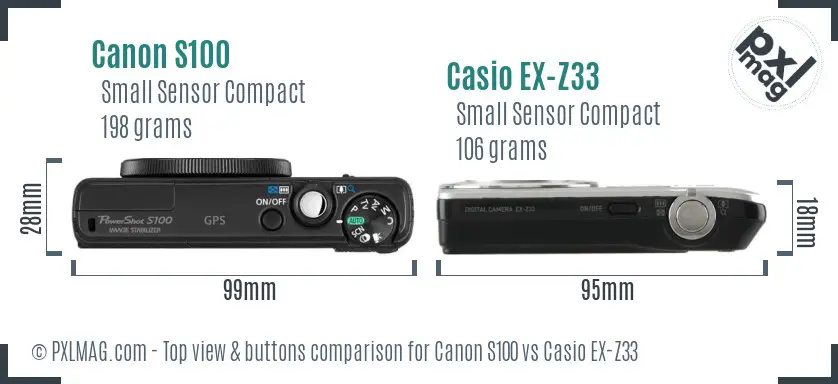 Canon S100 vs Casio EX-Z33 top view buttons comparison