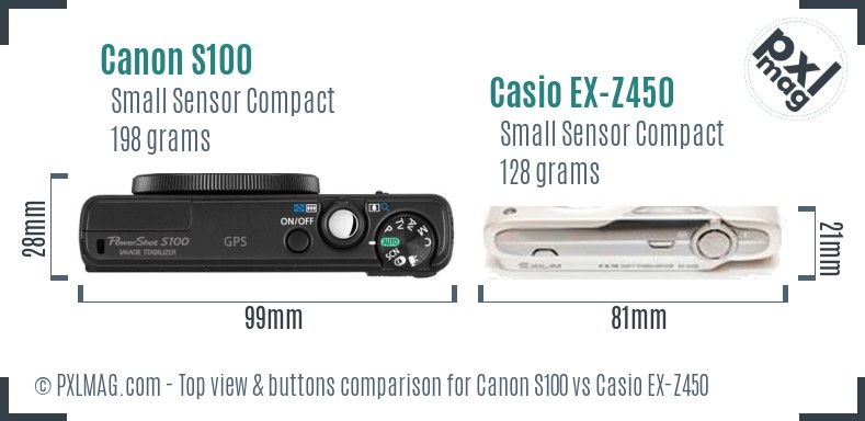 Canon S100 vs Casio EX-Z450 top view buttons comparison