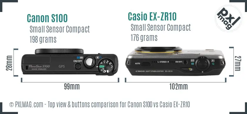 Canon S100 vs Casio EX-ZR10 top view buttons comparison