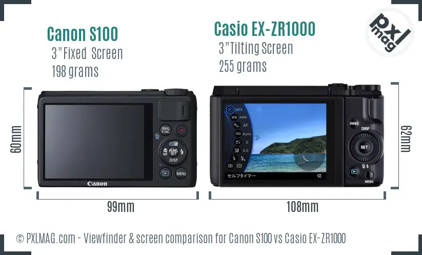 Canon S100 vs Casio EX-ZR1000 Screen and Viewfinder comparison