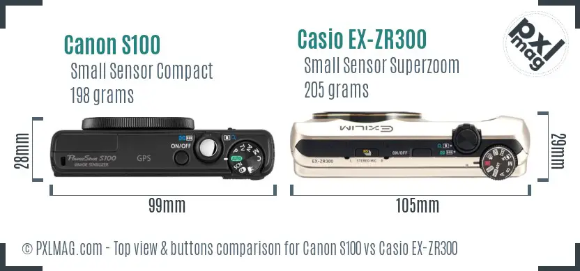 Canon S100 vs Casio EX-ZR300 top view buttons comparison