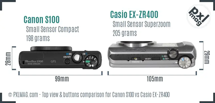 Canon S100 vs Casio EX-ZR400 top view buttons comparison
