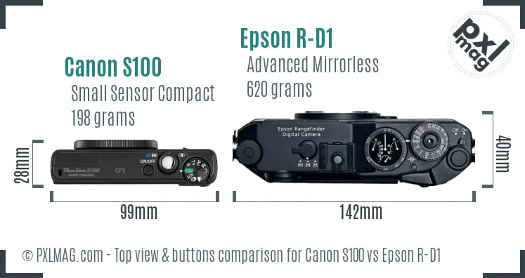 Canon S100 vs Epson R-D1 top view buttons comparison