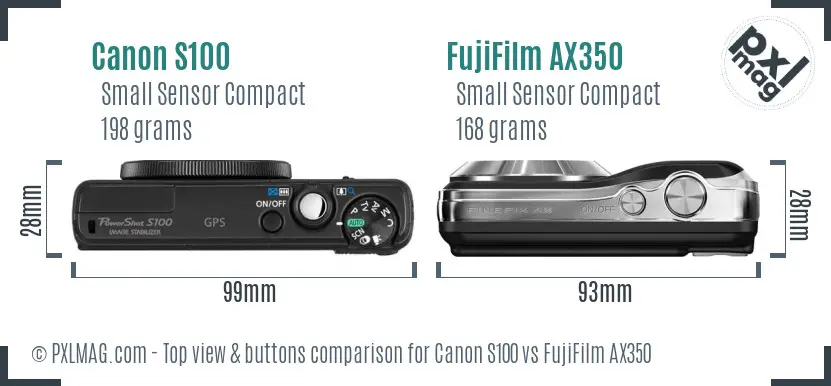 Canon S100 vs FujiFilm AX350 top view buttons comparison Canon S100 vs FujiFilm AX350 top view buttons comparison