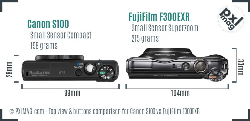 Canon S100 vs FujiFilm F300EXR top view buttons comparison Canon S100 vs FujiFilm F300EXR top view buttons comparison
