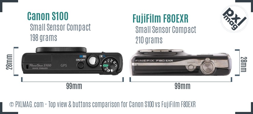 Canon S100 vs FujiFilm F80EXR top view buttons comparison