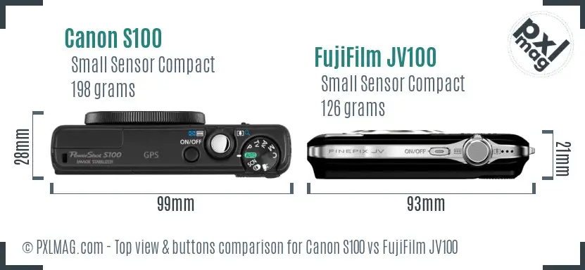 Canon S100 vs FujiFilm JV100 top view buttons comparison
