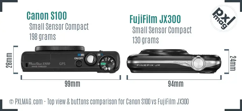 Canon S100 vs FujiFilm JX300 top view buttons comparison Canon S100 vs FujiFilm JX300 top view buttons comparison