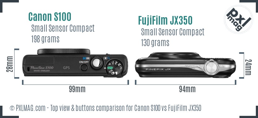 Canon S100 vs FujiFilm JX350 top view buttons comparison