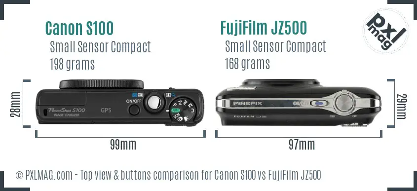 Canon S100 vs FujiFilm JZ500 top view buttons comparison Canon S100 vs FujiFilm JZ500 top view buttons comparison