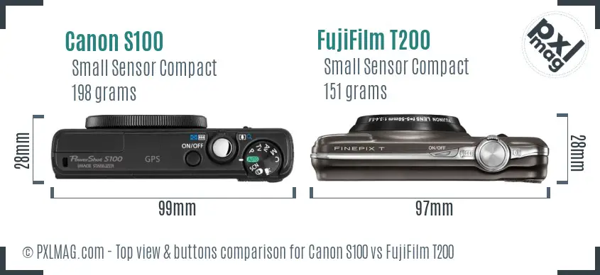 Canon S100 vs FujiFilm T200 top view buttons comparison Canon S100 vs FujiFilm T200 top view buttons comparison