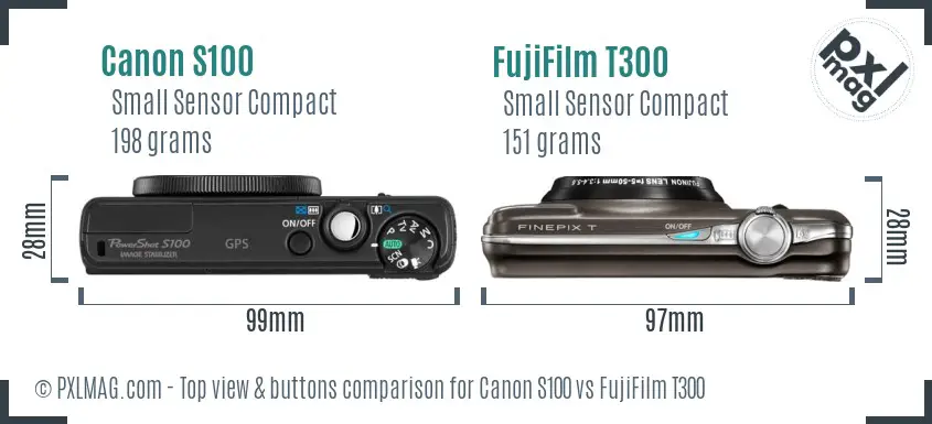 Canon S100 vs FujiFilm T300 top view buttons comparison Canon S100 vs FujiFilm T300 top view buttons comparison