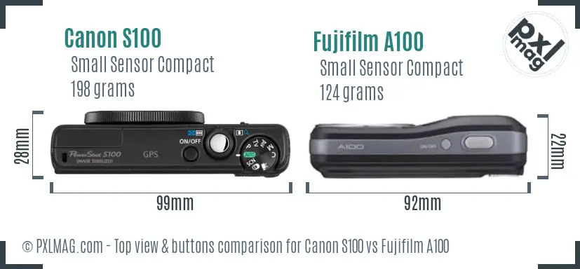Canon S100 vs Fujifilm A100 top view buttons comparison