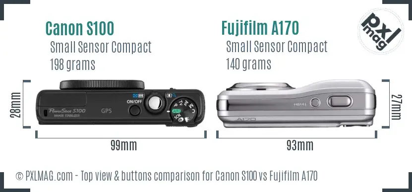 Canon S100 vs Fujifilm A170 top view buttons comparison