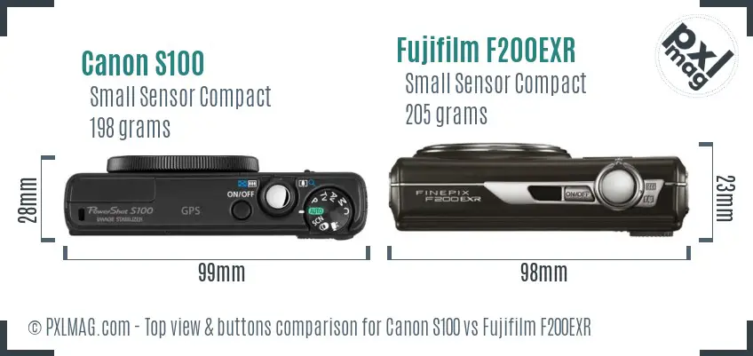 Canon S100 vs Fujifilm F200EXR top view buttons comparison
