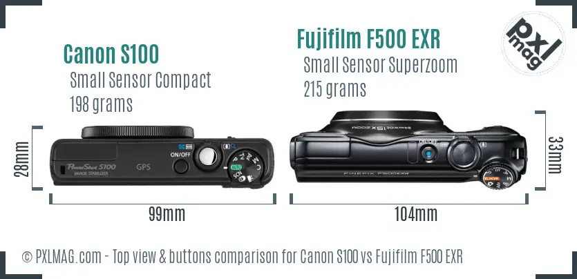 Canon S100 vs Fujifilm F500 EXR top view buttons comparison