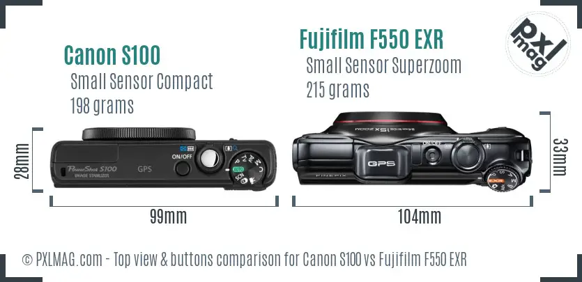 Canon S100 vs Fujifilm F550 EXR top view buttons comparison