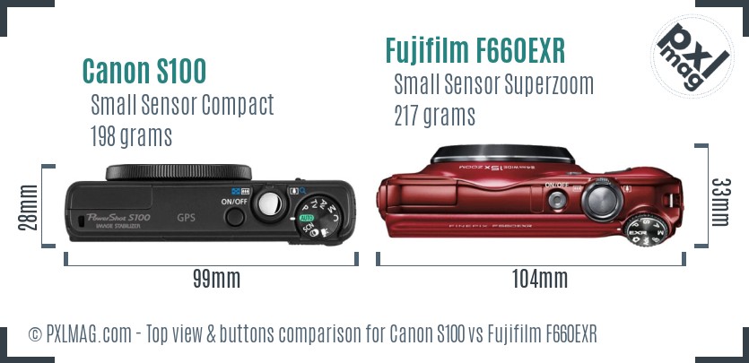 Canon S100 vs Fujifilm F660EXR top view buttons comparison