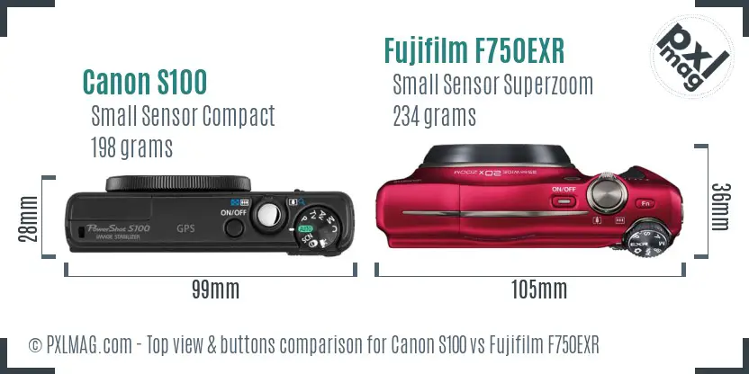 Canon S100 vs Fujifilm F750EXR top view buttons comparison