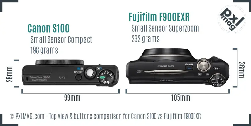 Canon S100 vs Fujifilm F900EXR top view buttons comparison