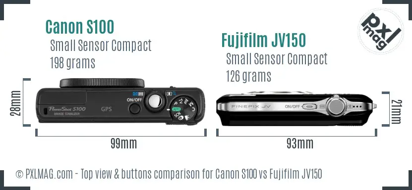 Canon S100 vs Fujifilm JV150 top view buttons comparison Canon S100 vs Fujifilm JV150 top view buttons comparison