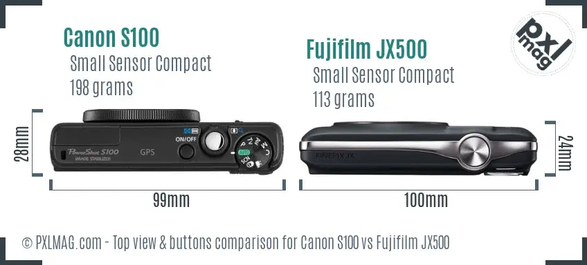 Canon S100 vs Fujifilm JX500 top view buttons comparison