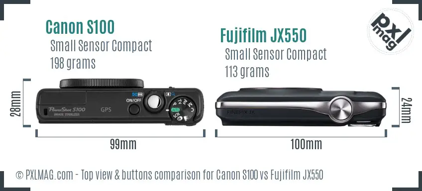 Canon S100 vs Fujifilm JX550 top view buttons comparison