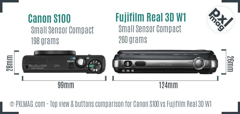 Canon S100 vs Fujifilm Real 3D W1 top view buttons comparison