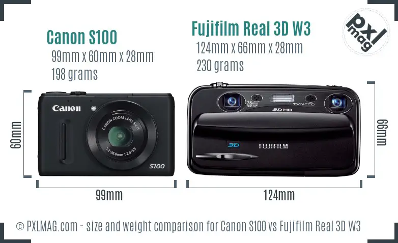 Canon S100 vs Fujifilm Real 3D W3 size comparison