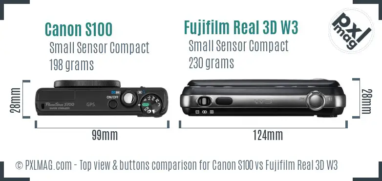 Canon S100 vs Fujifilm Real 3D W3 top view buttons comparison